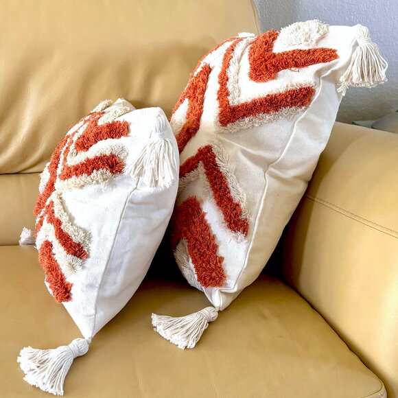 2 Sizes Burnt Orange Beige Boho Tufted Geometric Tassels Throw Pillow Cover New - Picture 3 of 9